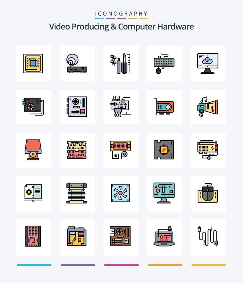 creatief video produceren en computer hardware 25 lijn gevulde icoon pak zo net zo verouderd. toetsenbord. netwerk. koppel. uitrusting vector