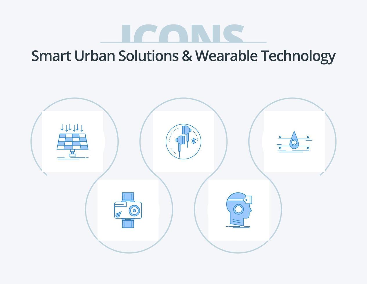 slim stedelijk oplossingen en draagbaar technologie blauw icoon pak 5 icoon ontwerp. oor. slim stad. realiteit. technologie. paneel vector