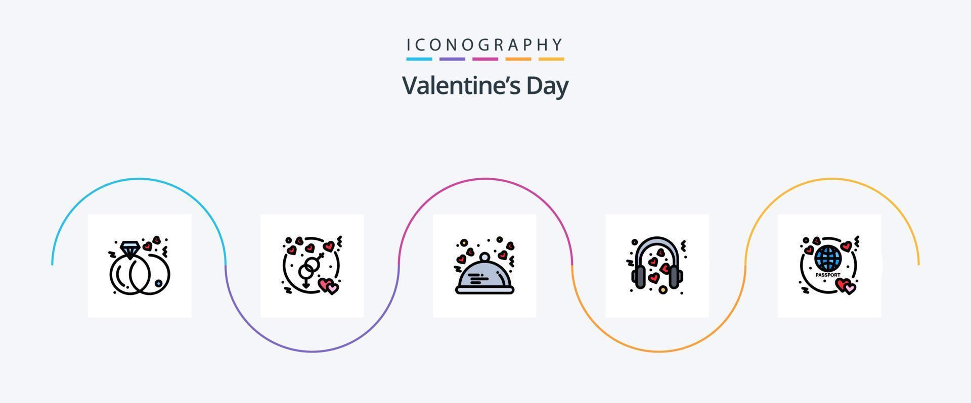 valentijnsdag dag lijn gevulde vlak 5 icoon pak inclusief bruiloft. liefdevol. diner. liefde. romantisch vector