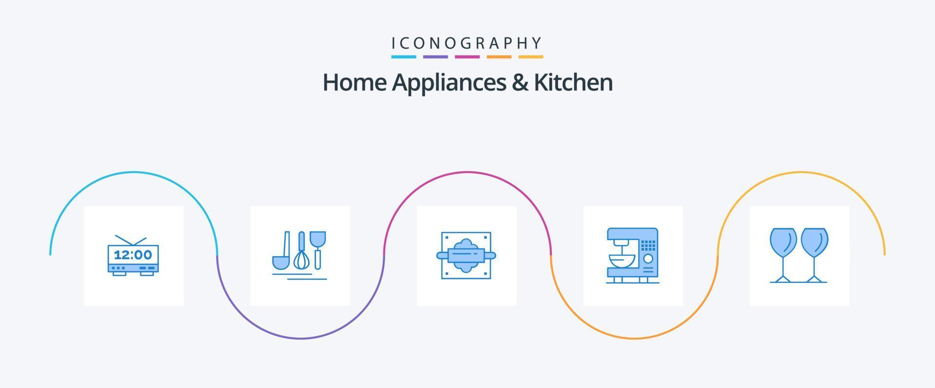 huis huishoudelijke apparaten en keuken blauw 5 icoon pak inclusief bril. machine. rollend. huis. koffie vector