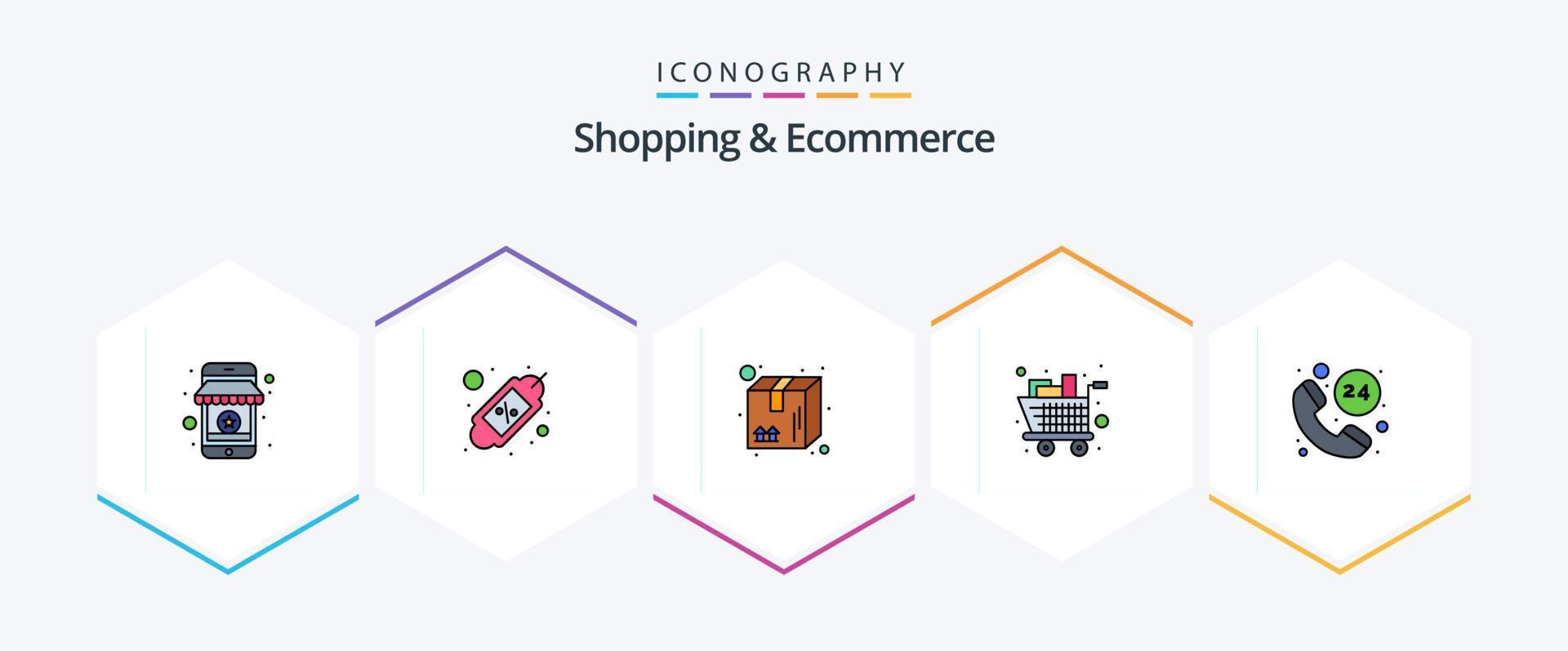 boodschappen doen en ecommerce 25 gevulde lijn icoon pak inclusief kar. winkelen. winkelen. boodschappen. doos vector