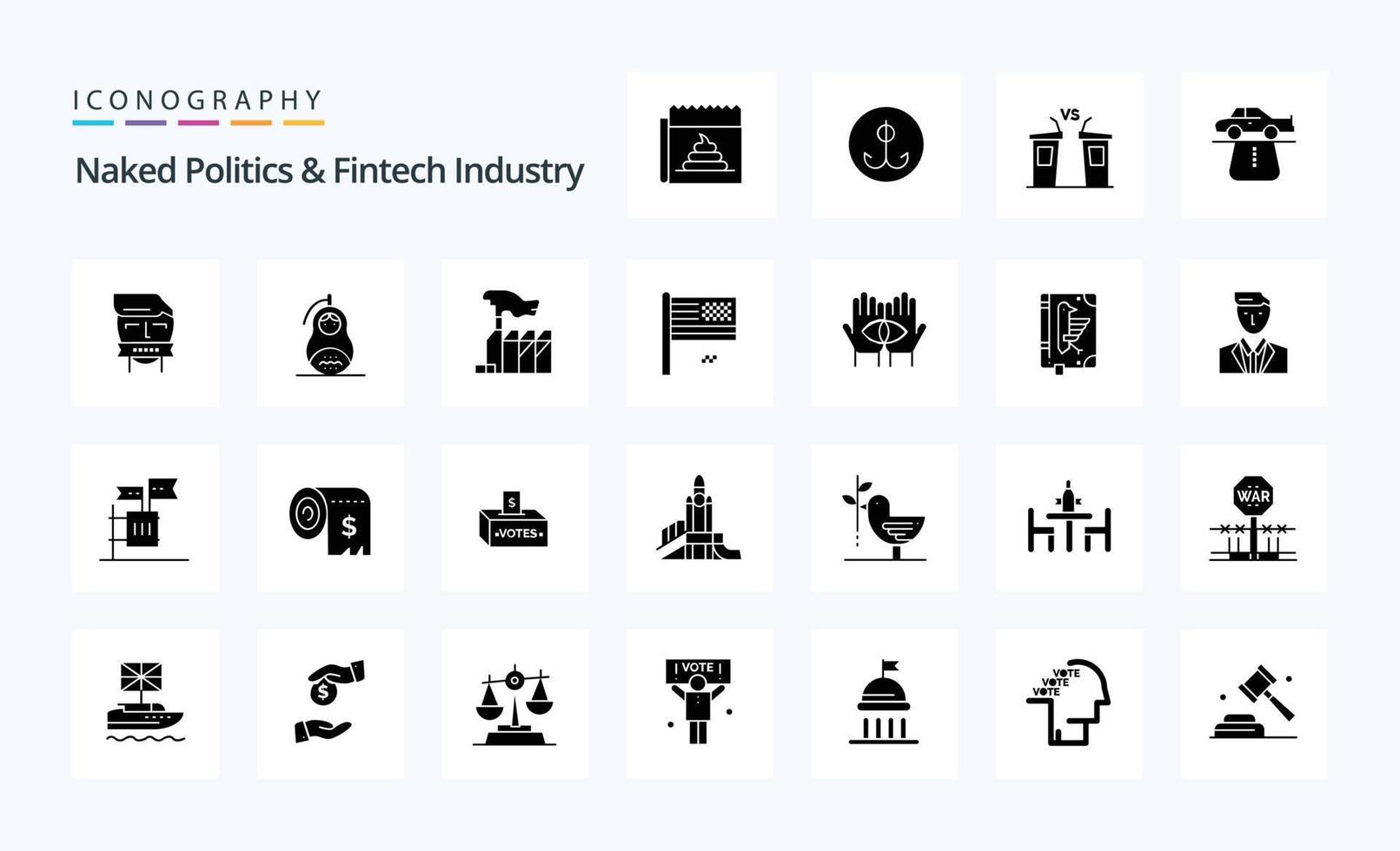 25 naakt politiek en FinTech industrie solide glyph icoon pak vector