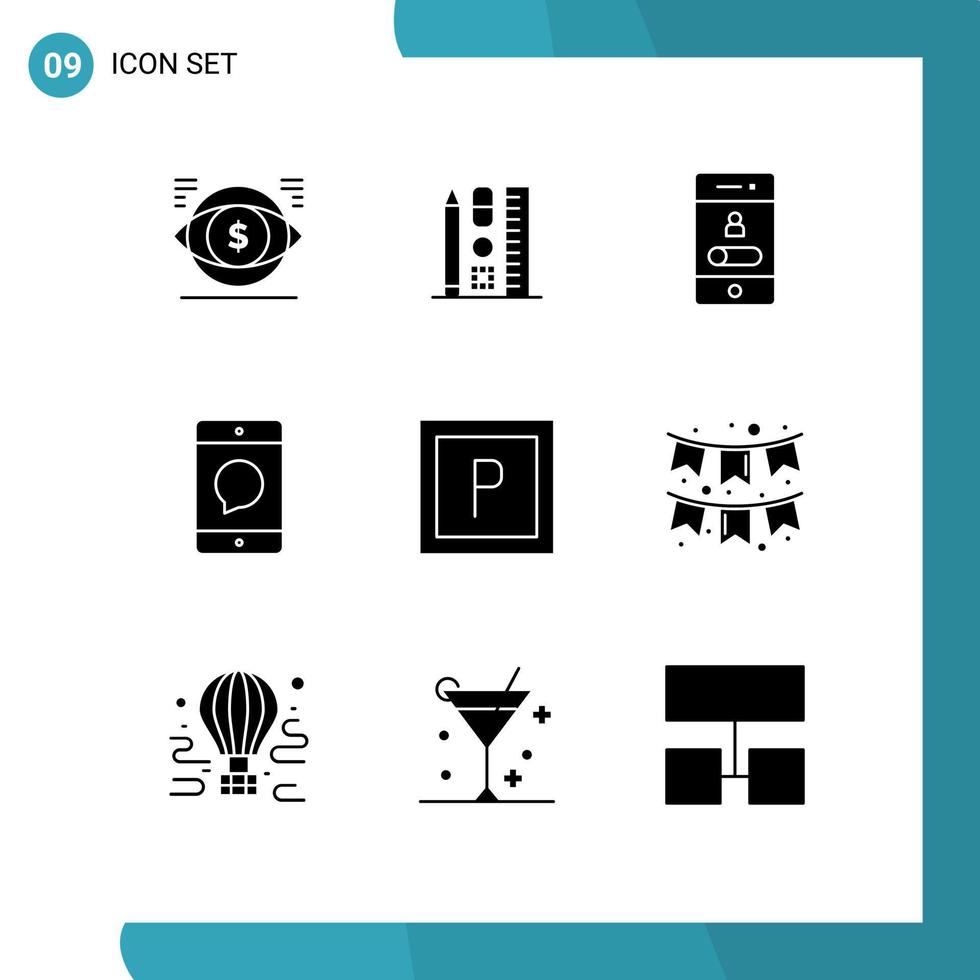 modern reeks van 9 solide glyphs pictogram van bericht communicatie online mobiele telefoon smartphone bewerkbare vector ontwerp elementen