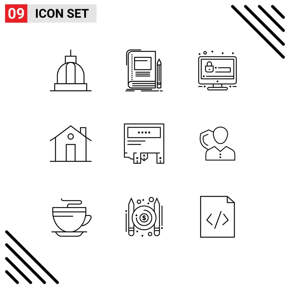 modern reeks van 9 contouren pictogram van familie schoorsteen notitieboekje gebouw account bewerkbare vector ontwerp elementen