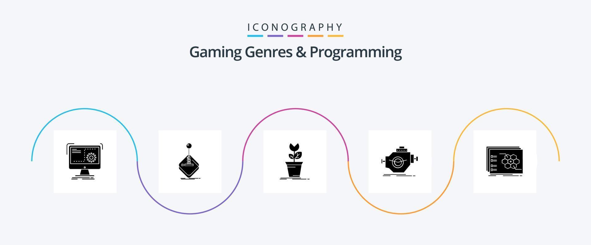 gaming genres en programmering glyph 5 icoon pak inclusief machine. motor. joystick. fabriek. Mario vector