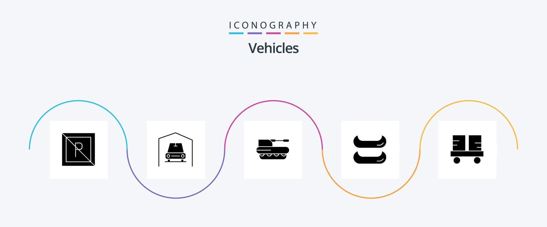 voertuigen glyph 5 icoon pak inclusief heftruck vrachtwagen. vork vrachtwagen. houwitser. rups- voertuigen. boot vector