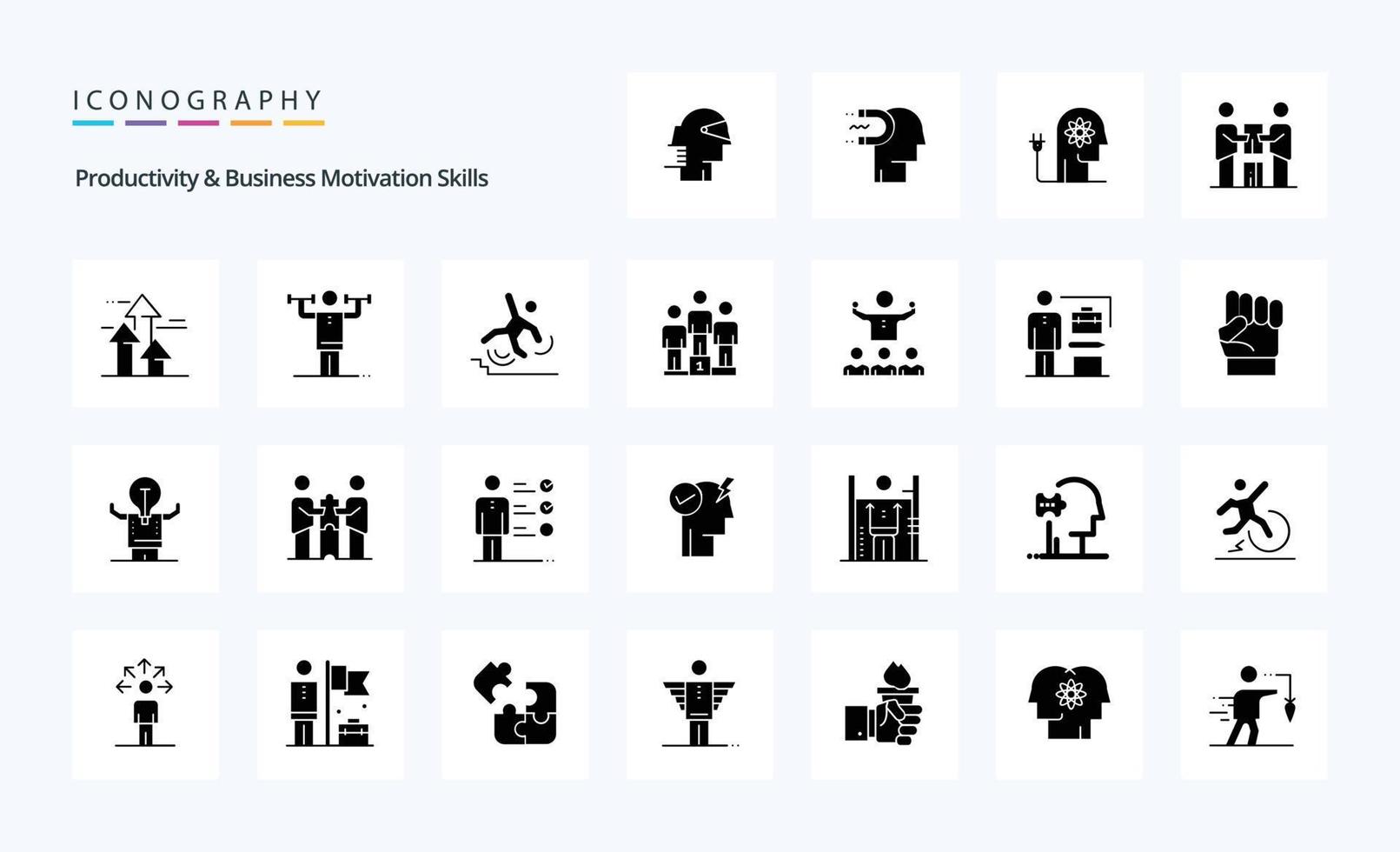25 produktiviteit en bedrijf motivatie vaardigheden solide glyph icoon pak vector