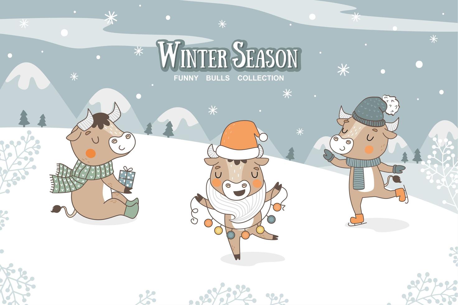 schattige cartoon stieren collectie. winterseizoen karakters stickers. vector