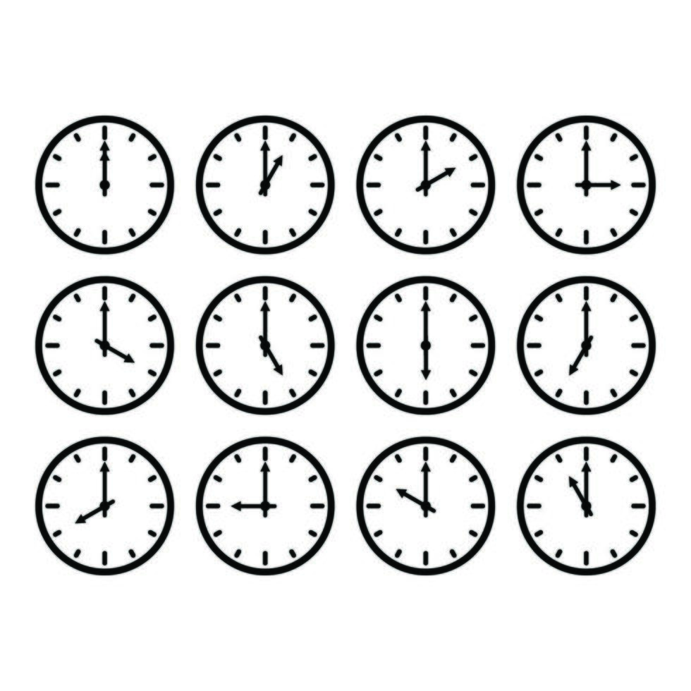 set van analoge klok, 12 keer vector illustratie