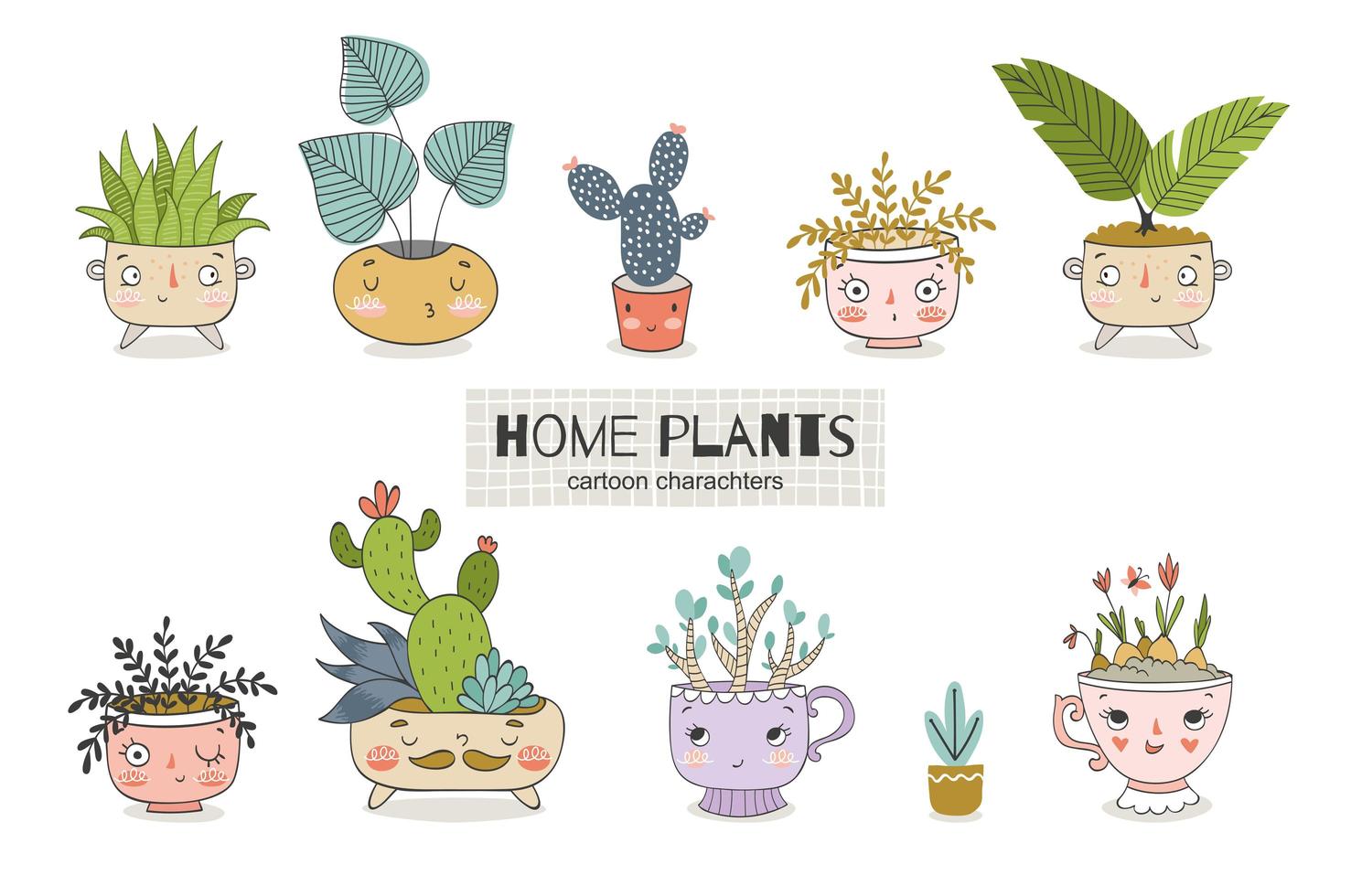 schattige cartoonplanten in de potcollectie. kamerplanten doodles. vector