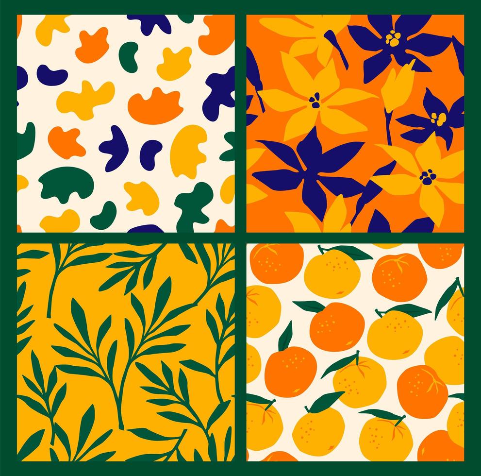 eenvoudige naadloze patronen met abstracte bloemen en sinaasappelen. vector