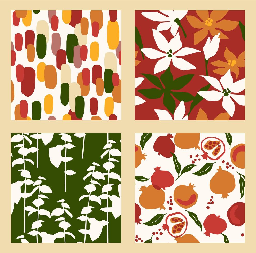 abstracte verzameling van naadloze patronen met bloemen en bladeren en granaatappels. modern ontwerp vector