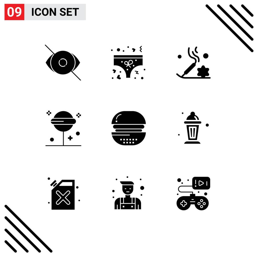 modern reeks van 9 solide glyphs pictogram van hamburger lolly ondergoed halloween ontspanning bewerkbare vector ontwerp elementen