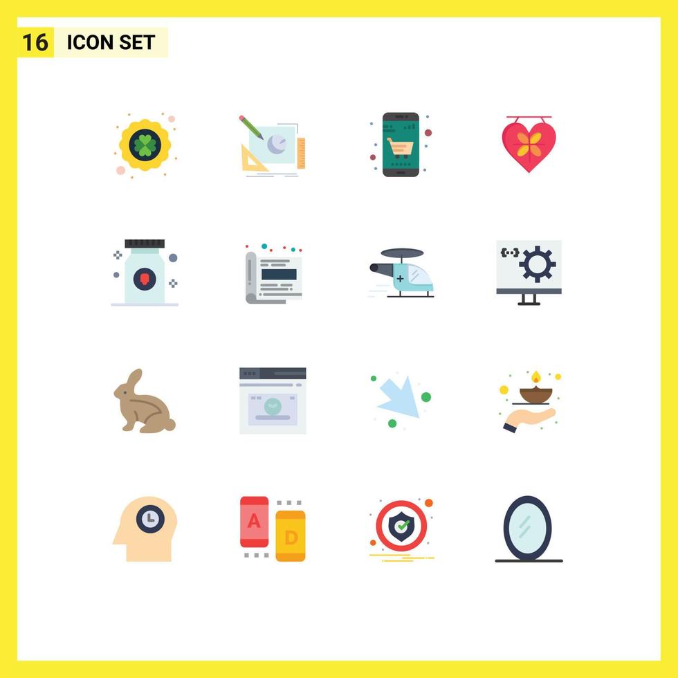 16 universeel vlak kleur tekens symbolen van drug hart ontwerp werkwijze liefde online winkel bewerkbare pak van creatief vector ontwerp elementen