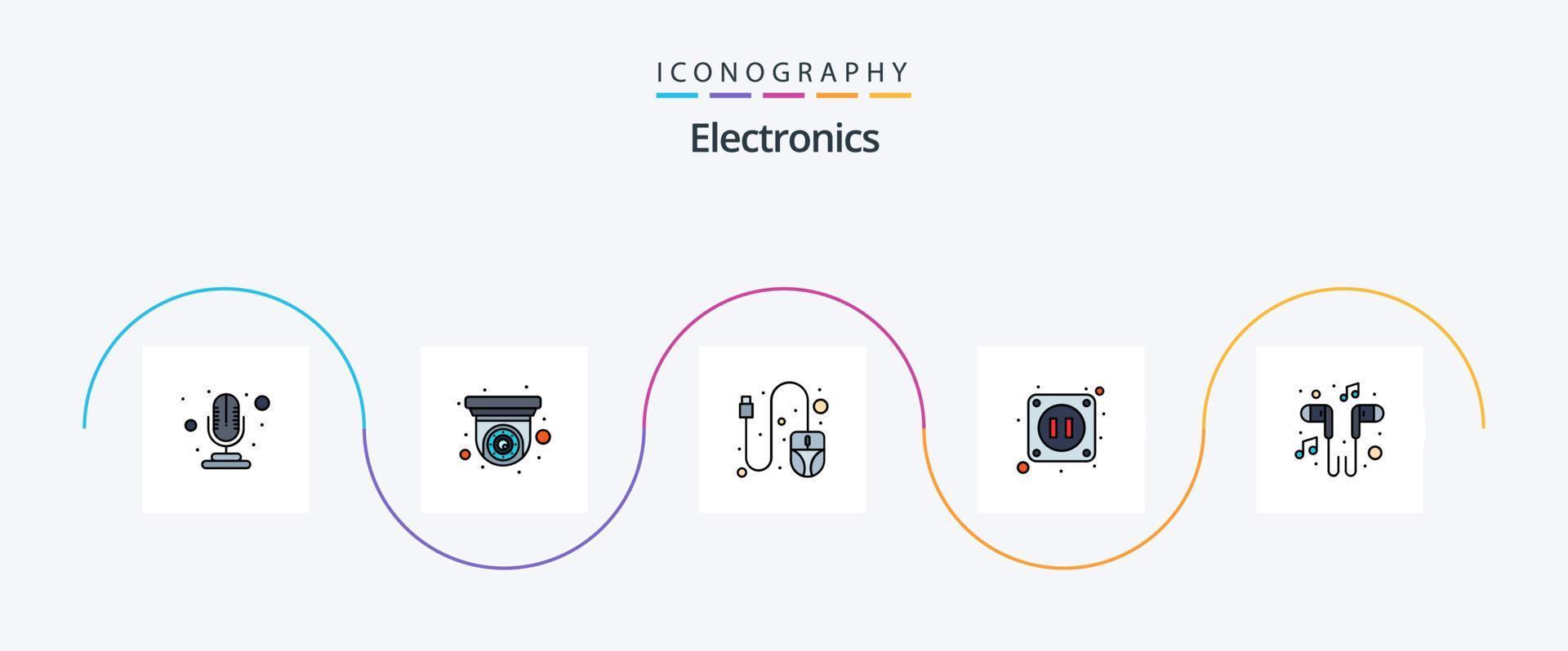 elektronica lijn gevulde vlak 5 icoon pak inclusief liedje. muziek. muis. hoofdtelefoon. stopcontact vector