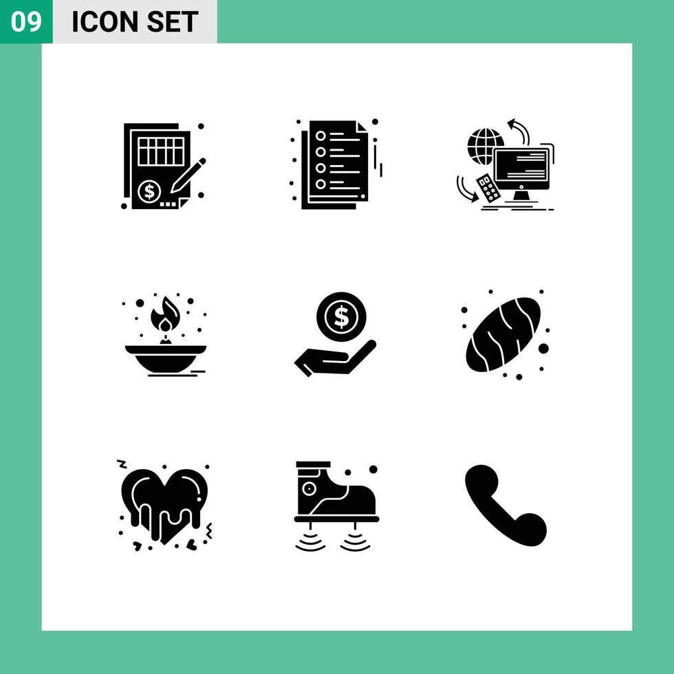 pictogram reeks van 9 gemakkelijk solide glyphs van olie lamp vlam toegang brand veiligheid bewerkbare vector ontwerp elementen