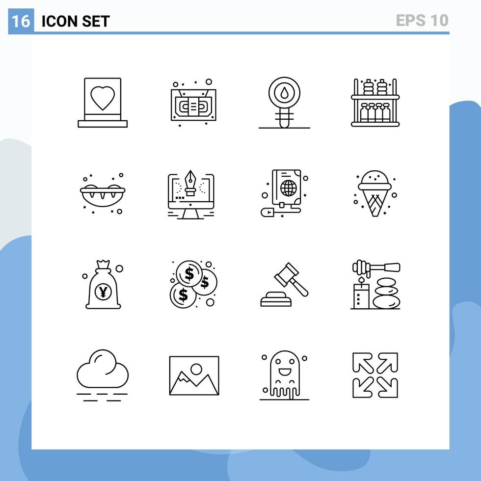 16 universeel contouren reeks voor web en mobiel toepassingen supermarkt goederen opnemer meubilair chemie bewerkbare vector ontwerp elementen