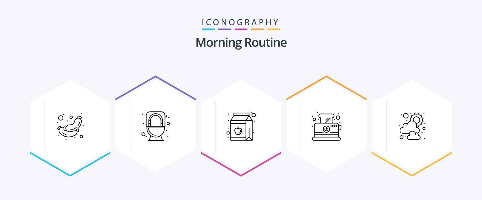 ochtend- routine- 25 lijn icoon pak inclusief zonnig. ontbijt. appel. tosti apparaat. brood vector