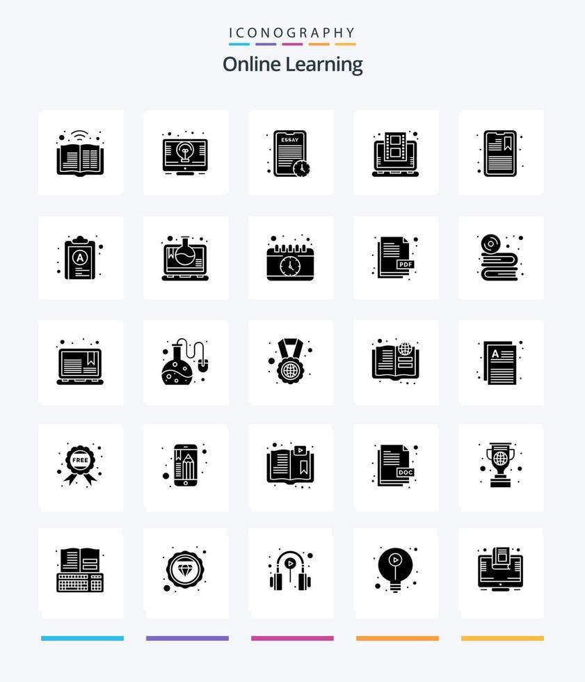 creatief online aan het leren 25 glyph solide zwart icoon pak zo net zo aandacht. video bijlessen. opdracht. studie. aan het leren vector