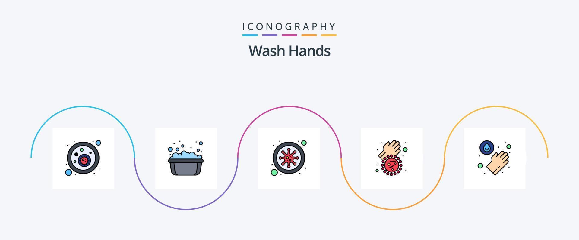 wassen handen lijn gevulde vlak 5 icoon pak inclusief medisch. virus. bacteriën. covid. bacterie vector