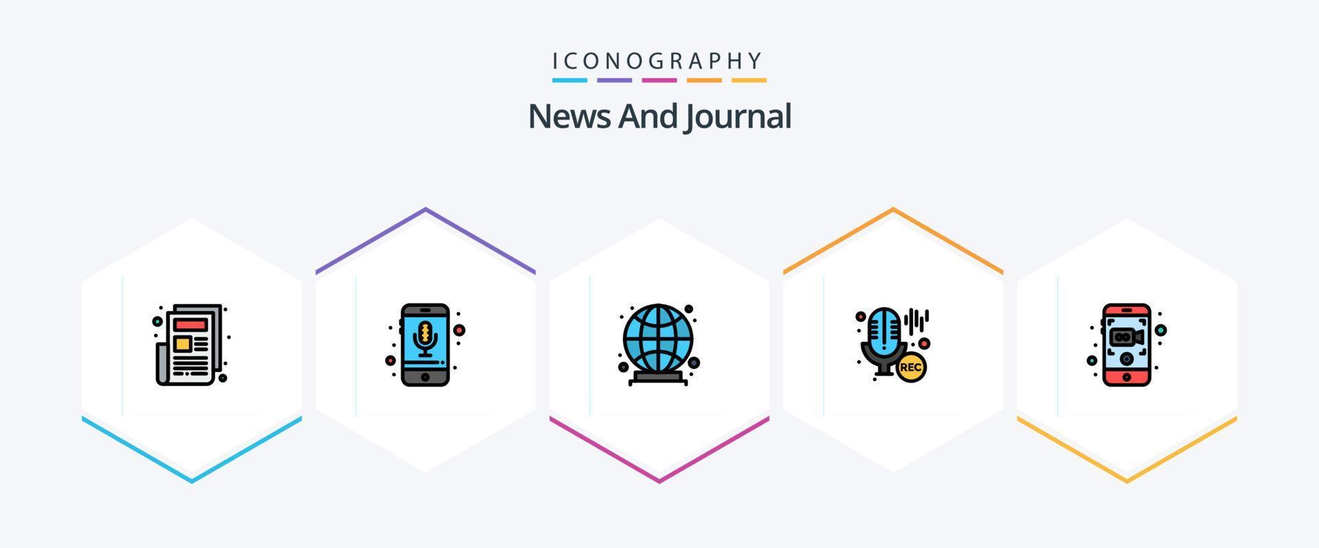 nieuws 25 gevulde lijn icoon pak inclusief video. camera. globaal. opname. microfoon vector