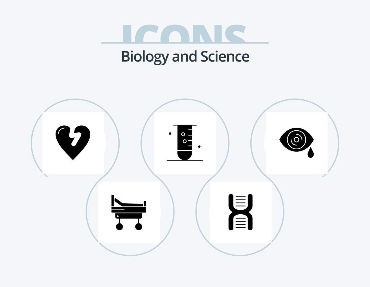 biologie glyph icoon pak 5 icoon ontwerp. oog. wetenschap. hart aanval. laboratorium. glaswerk vector