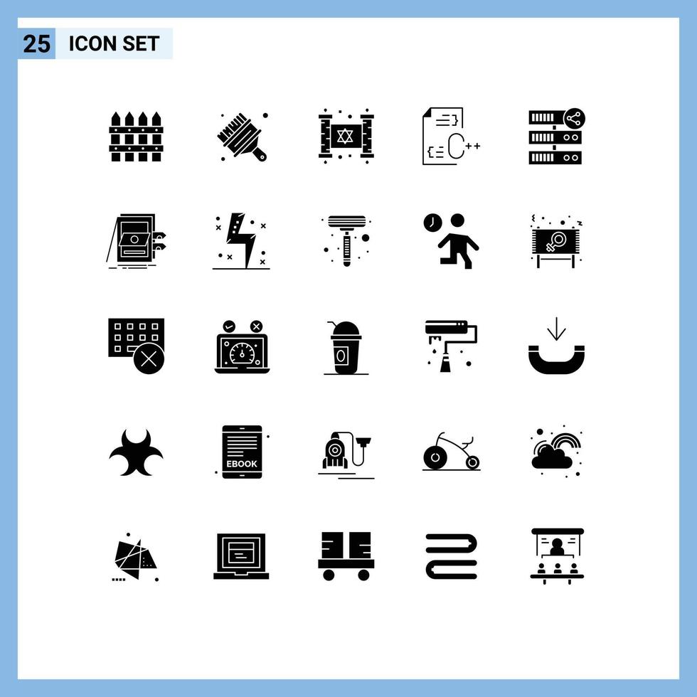 modern reeks van 25 solide glyphs pictogram van hosting ontwikkeling Chanoeka ontwikkelen c bewerkbare vector ontwerp elementen