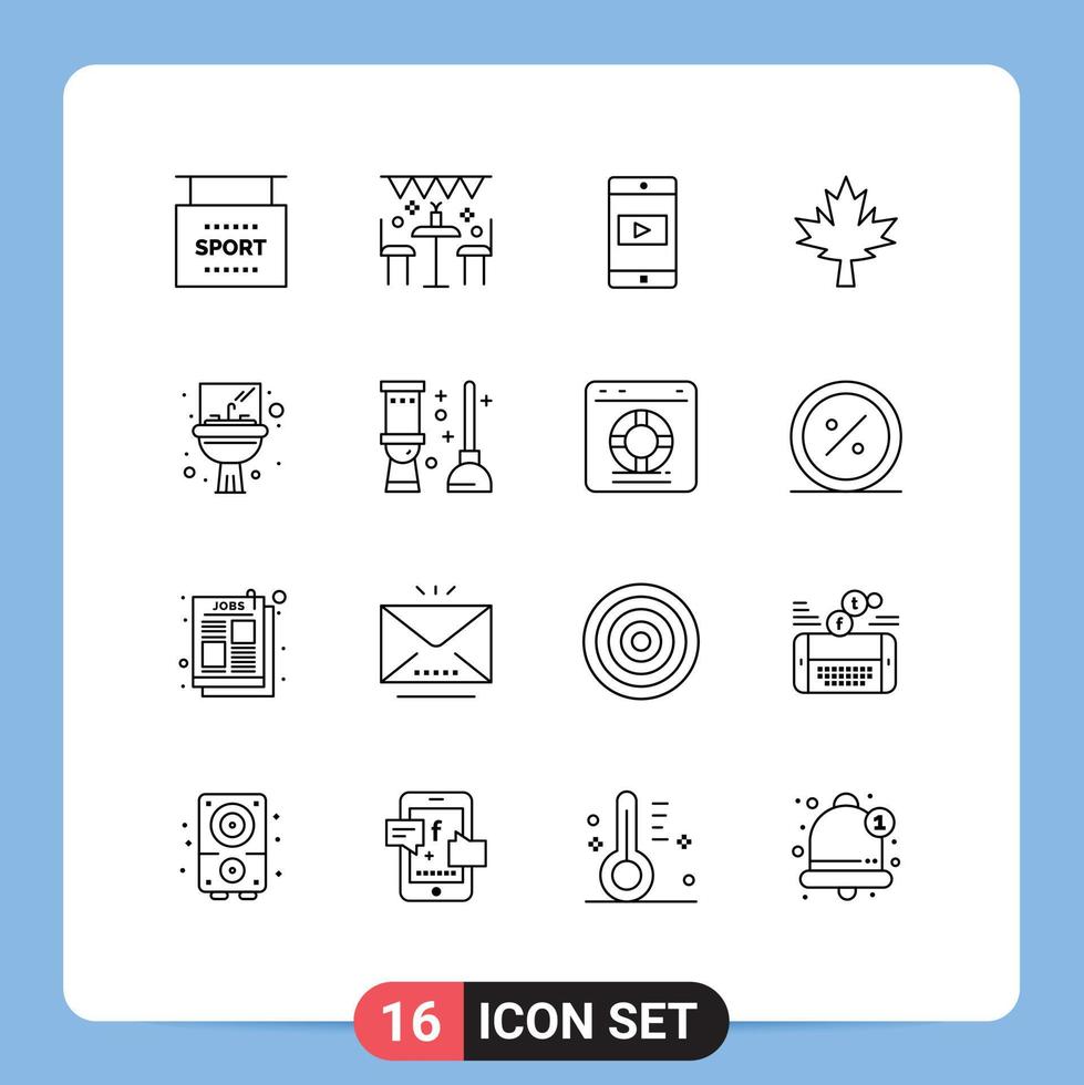 universeel icoon symbolen groep van 16 modern contouren van wastafel esdoorn- partij blad video bewerkbare vector ontwerp elementen