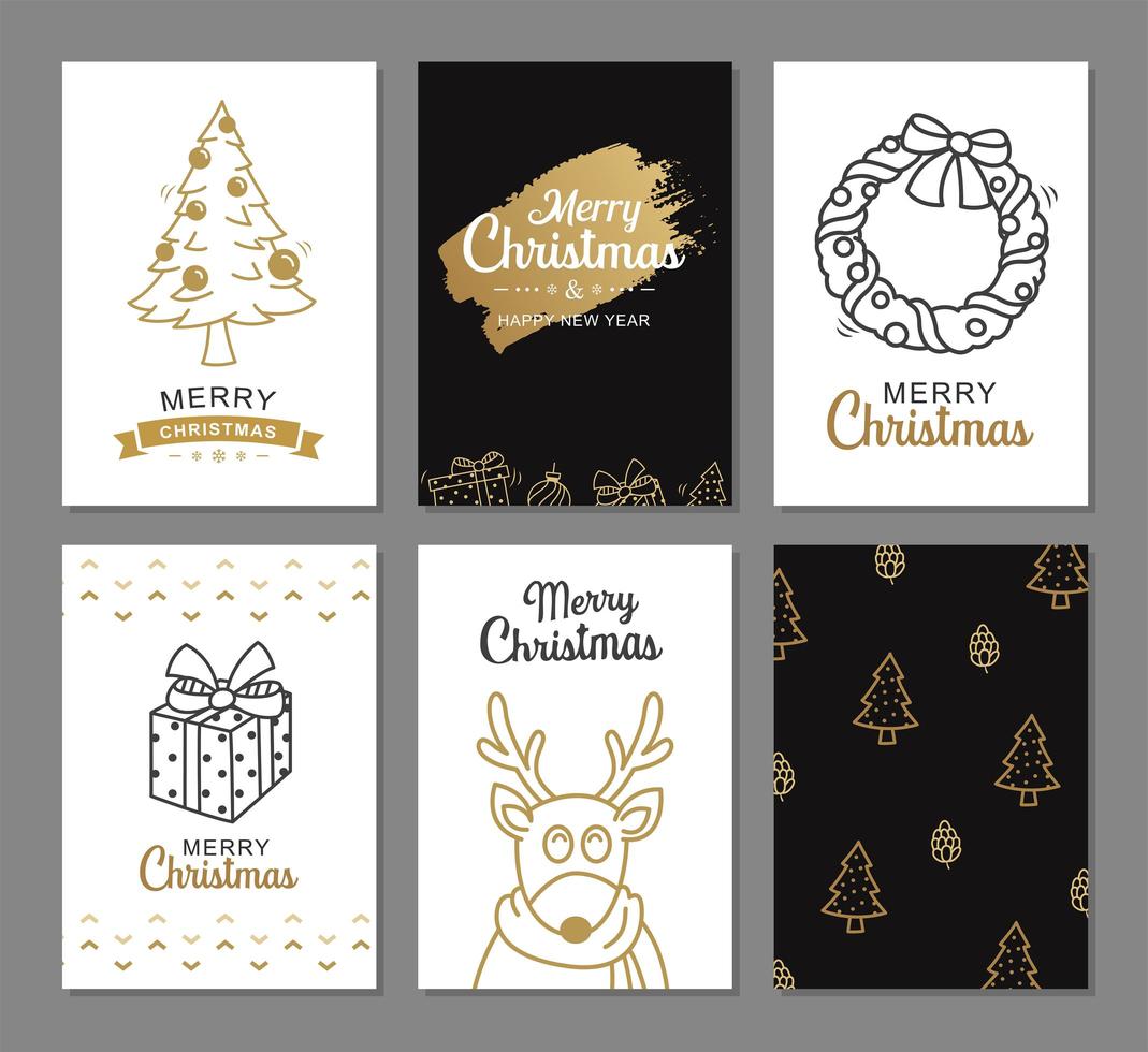 vrolijke kerstkaarten met gouden luxe decoratiesjablonen. set vakantieposters, label, banner, briefkaartontwerp. vector