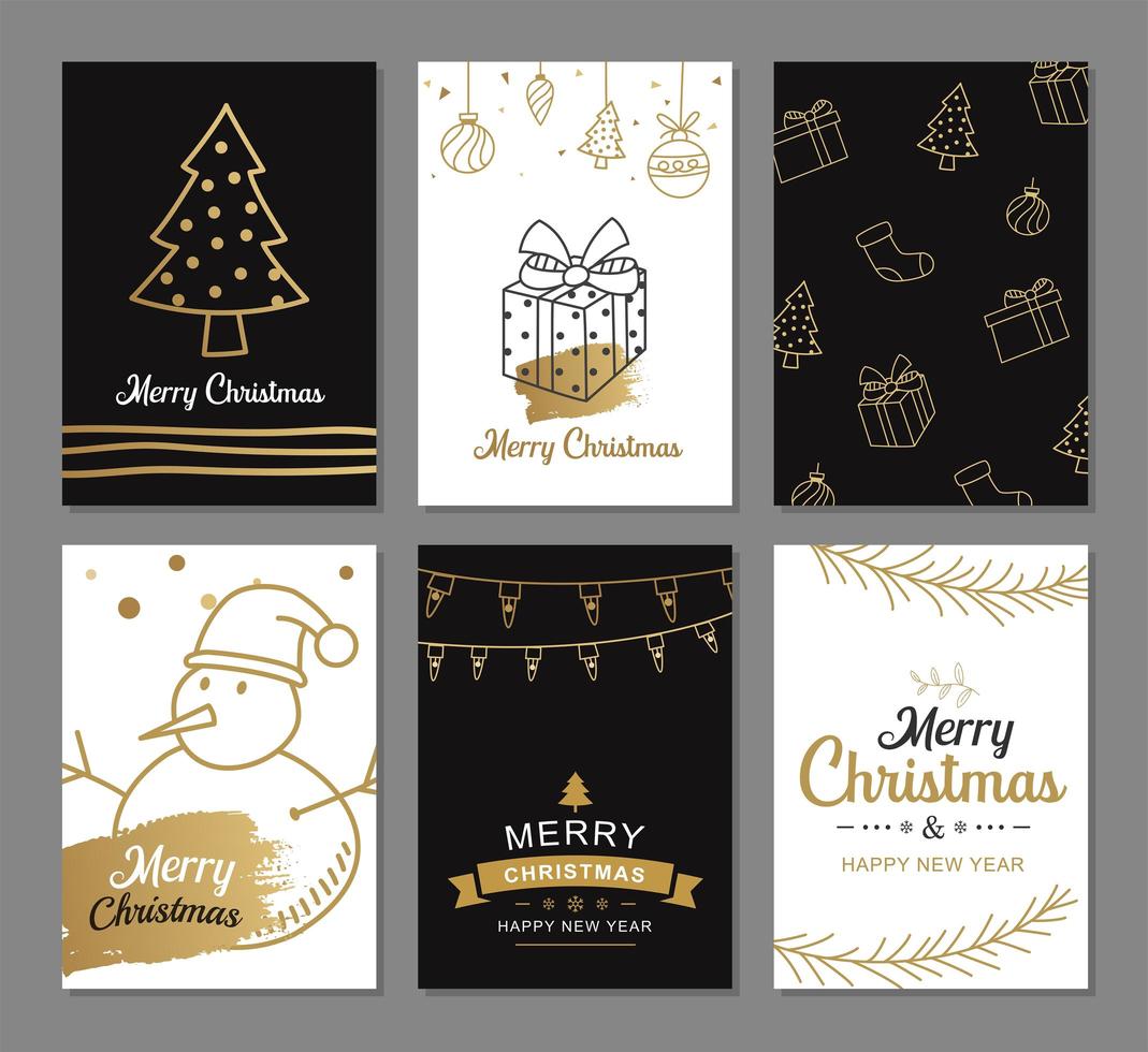 vrolijke kerstkaarten met gouden luxe decoratiesjablonen. set vakantieposters, label, banner, briefkaartontwerp. vector