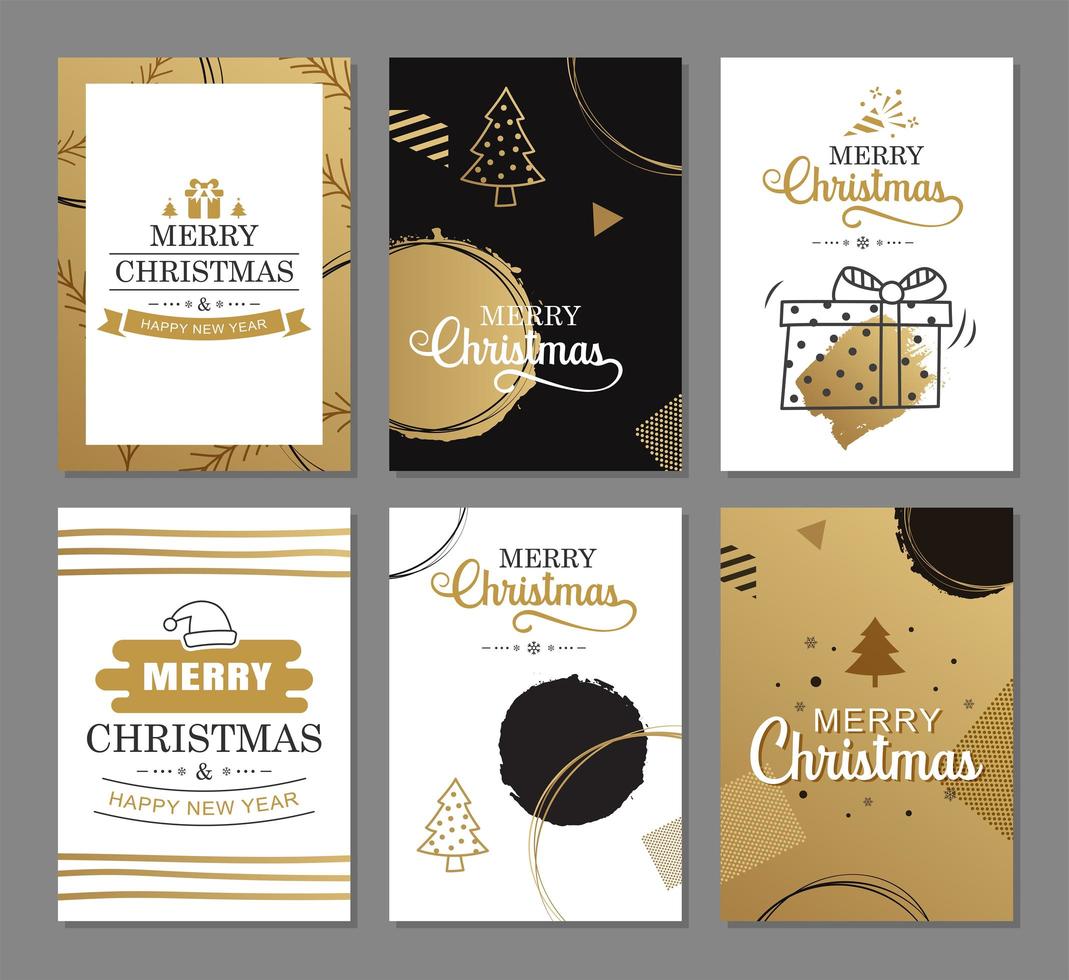 vrolijke kerstkaarten met gouden luxe decoratiesjablonen. set vakantieposters, label, banner, briefkaartontwerp. vector