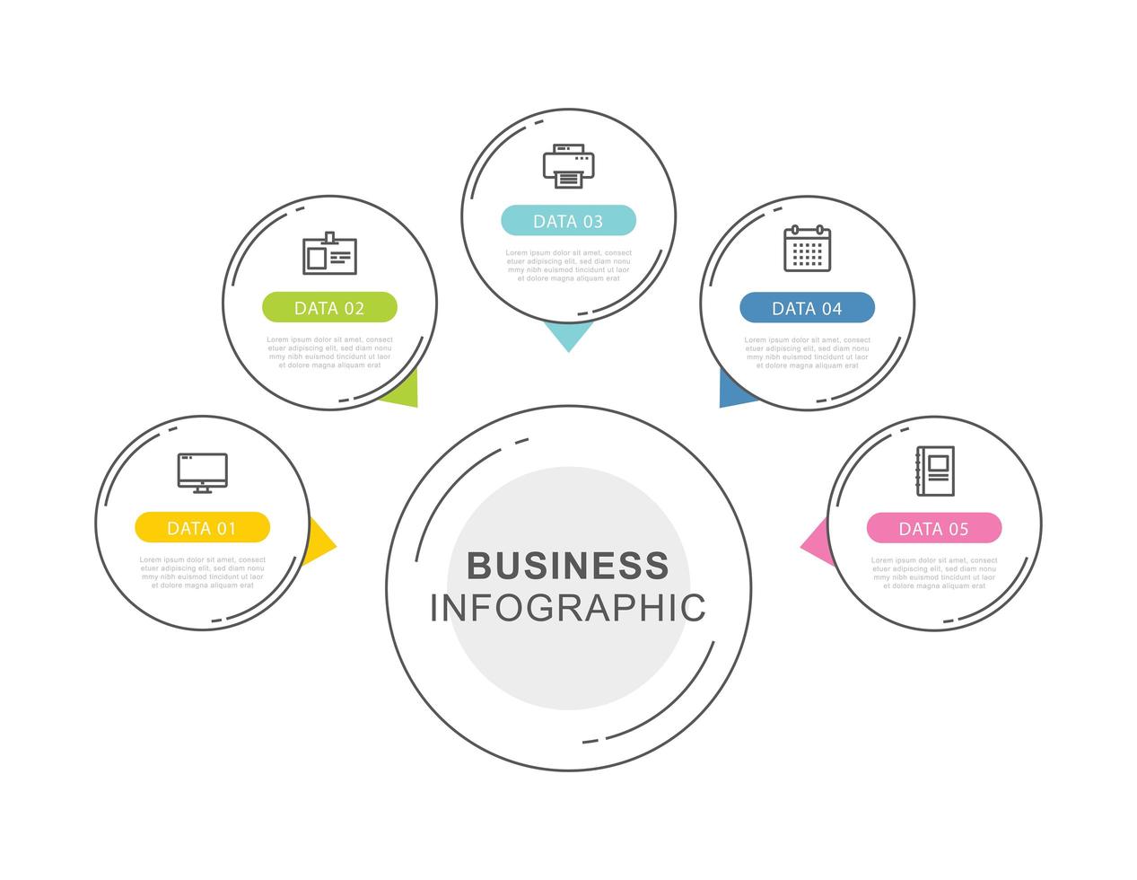5 cirkel data tijdlijn infographics sjabloon met dunne lijn ontwerp. vector illustratie abstracte achtergrond. kan worden gebruikt voor werkstroomlay-out, bedrijfsstap, banner, webdesign.