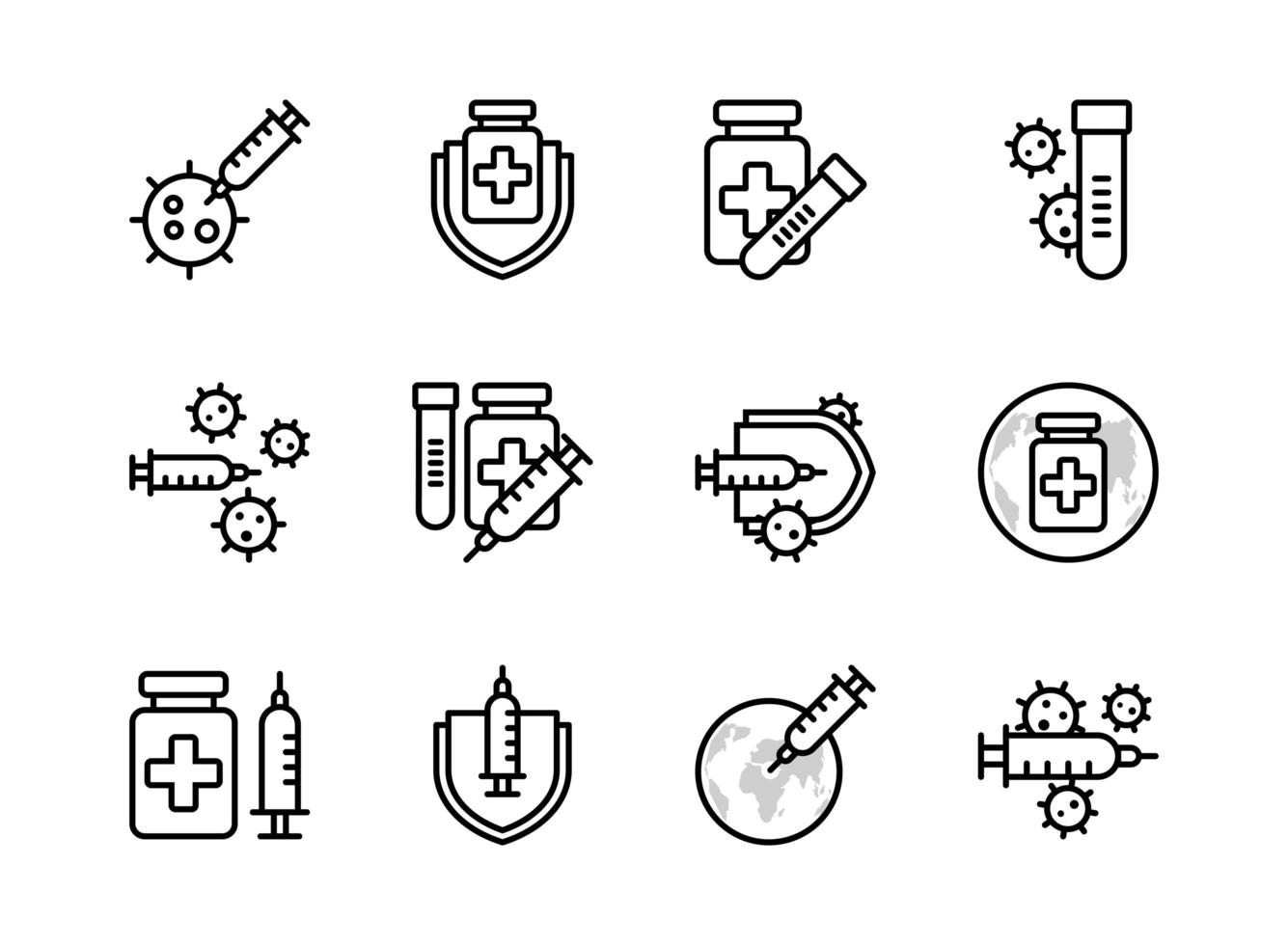 Covid-19 vaccin pictogrammenset Kaderstijl. teken en symbool voor websit, print, sticker, banner, poster. vector