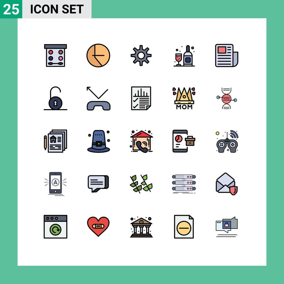 25 thematisch vector gevulde lijn vlak kleuren en bewerkbare symbolen van ontgrendeld tekst instelling vel glas bewerkbare vector ontwerp elementen