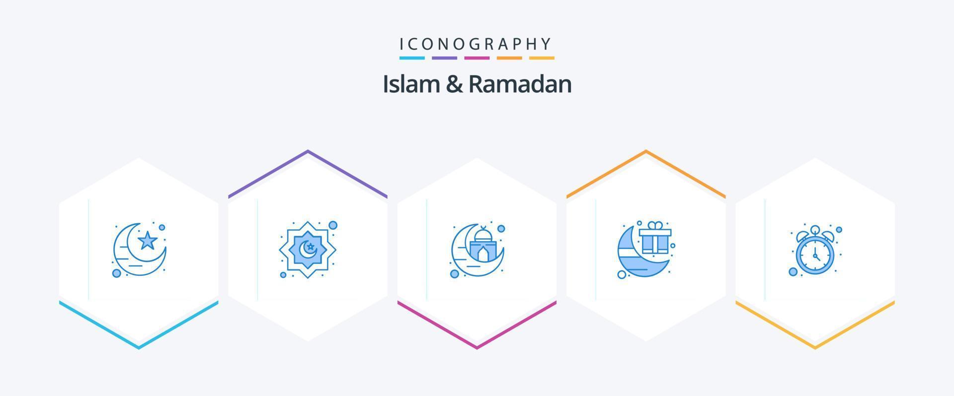 Islam en Ramadan 25 blauw icoon pak inclusief uur. Ramadan. gebouw. maan. viering vector