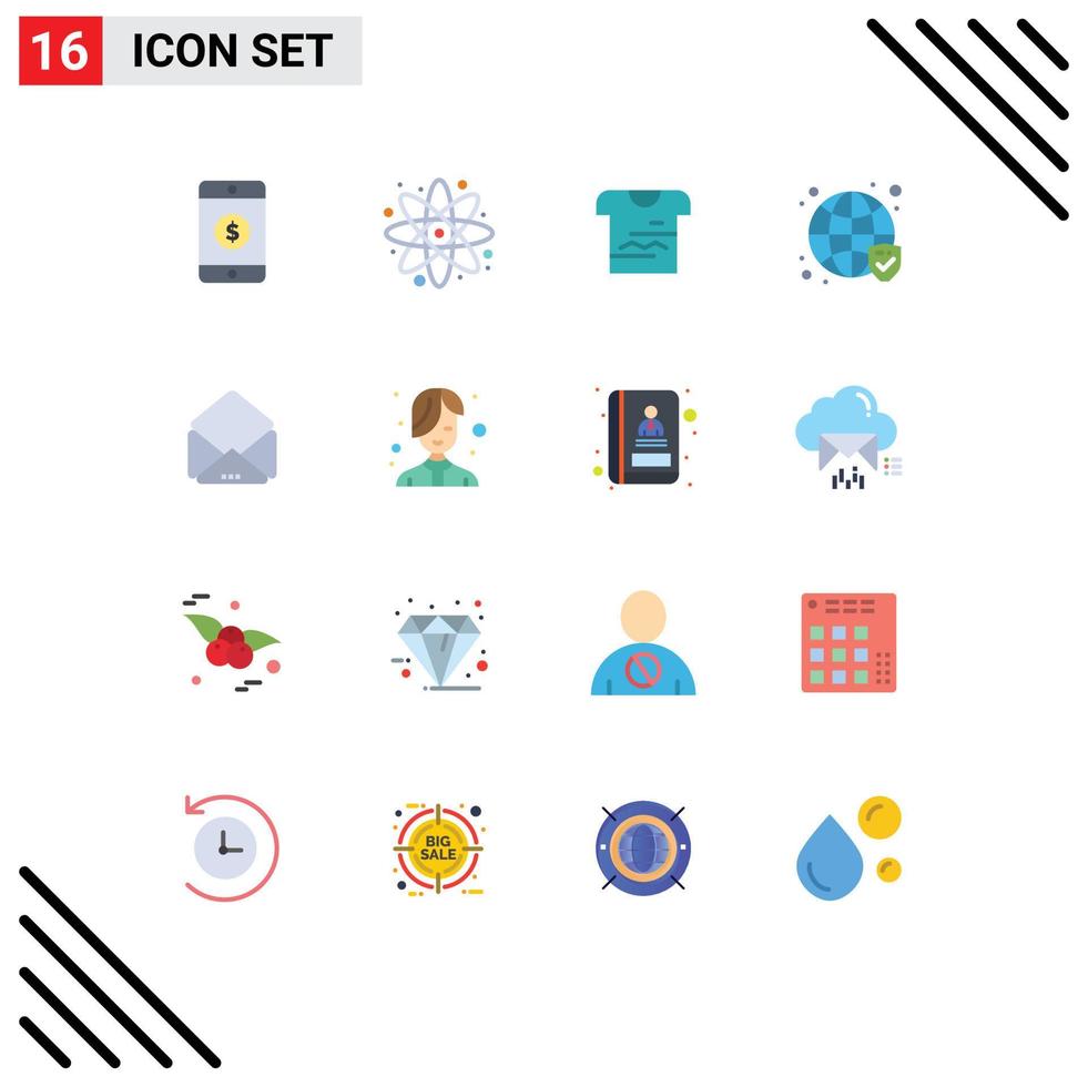 pictogram reeks van 16 gemakkelijk vlak kleuren van Open bericht t-shirt geverifieerd beveiligen bewerkbare pak van creatief vector ontwerp elementen