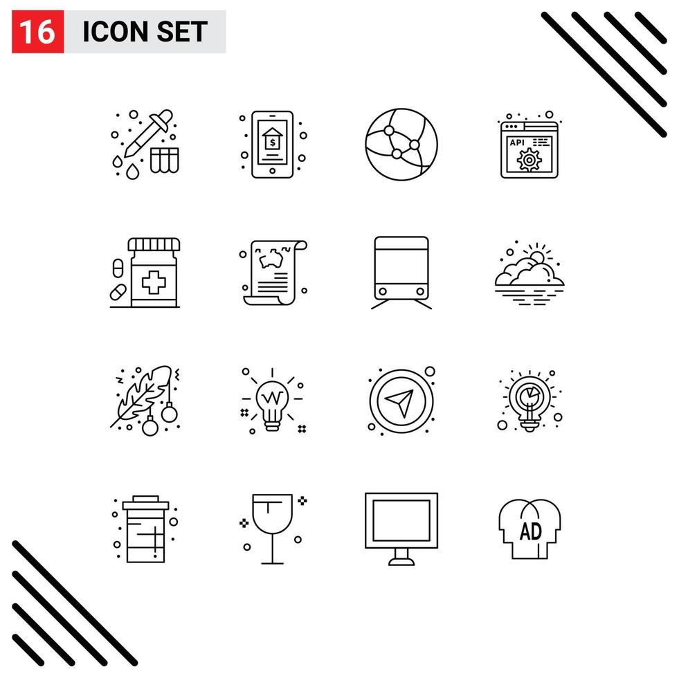 schets pak van 16 universeel symbolen van verdovende middelen fles internet programmering code bewerkbare vector ontwerp elementen