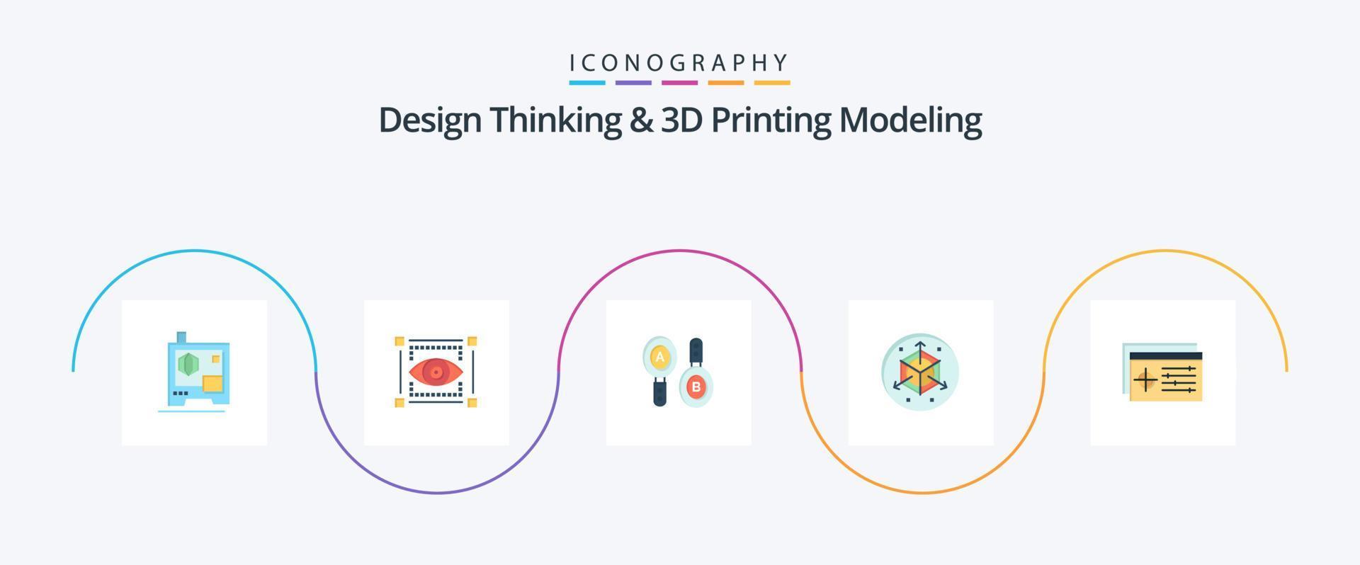 ontwerp denken en d het drukken modellering vlak 5 icoon pak inclusief controleur. 3d. Onderzoek. ontwerp. schaal vector