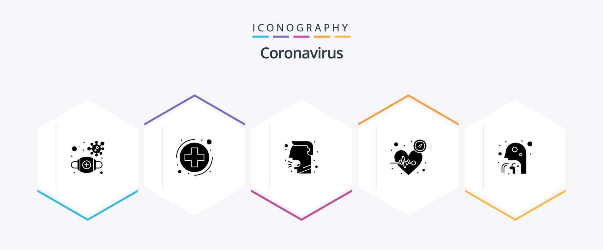 coronavirus 25 glyph icoon pak inclusief Mens. hoesten. hoesten. tijd. hart vector