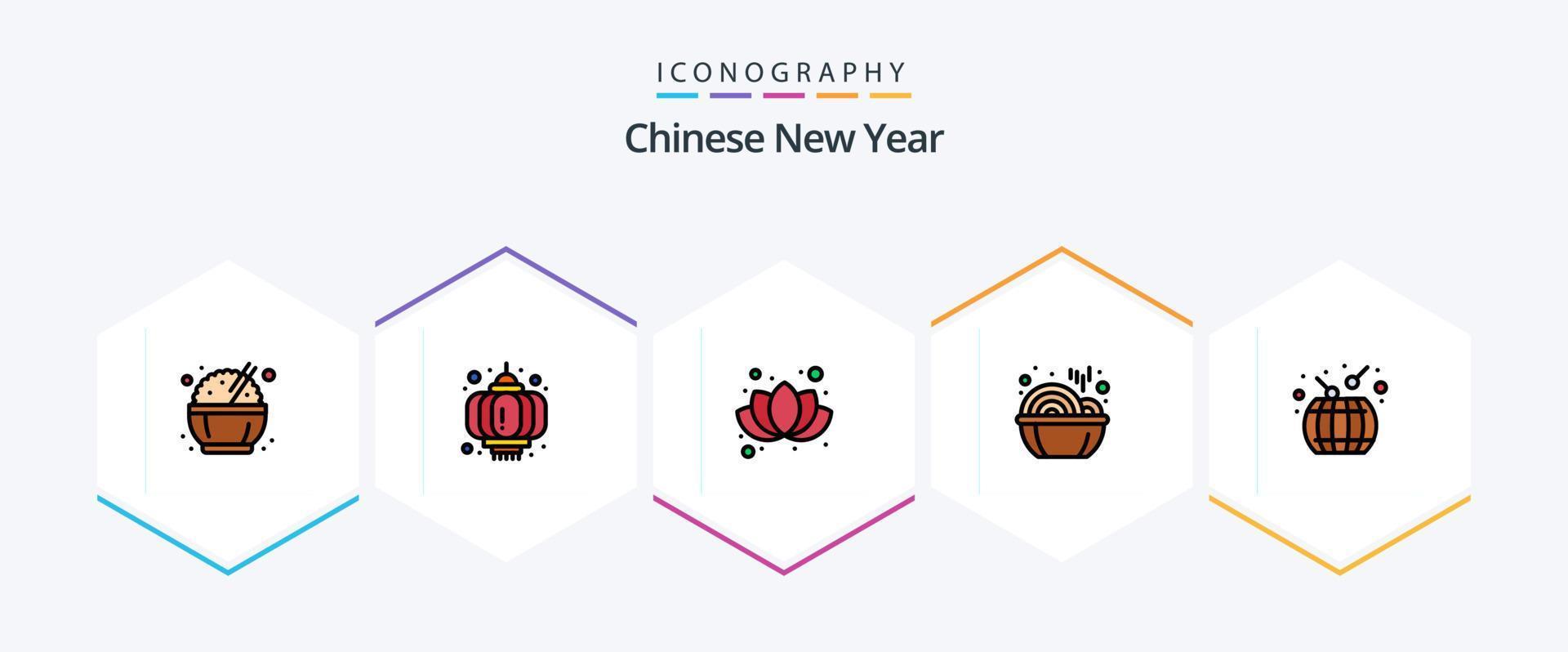 Chinese nieuw jaar 25 gevulde lijn icoon pak inclusief trommel. China. bloem. aziatisch. noedels vector