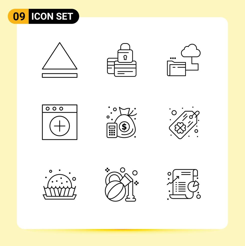 modern reeks van 9 contouren pictogram van geld financiën map accounting Mac bewerkbare vector ontwerp elementen