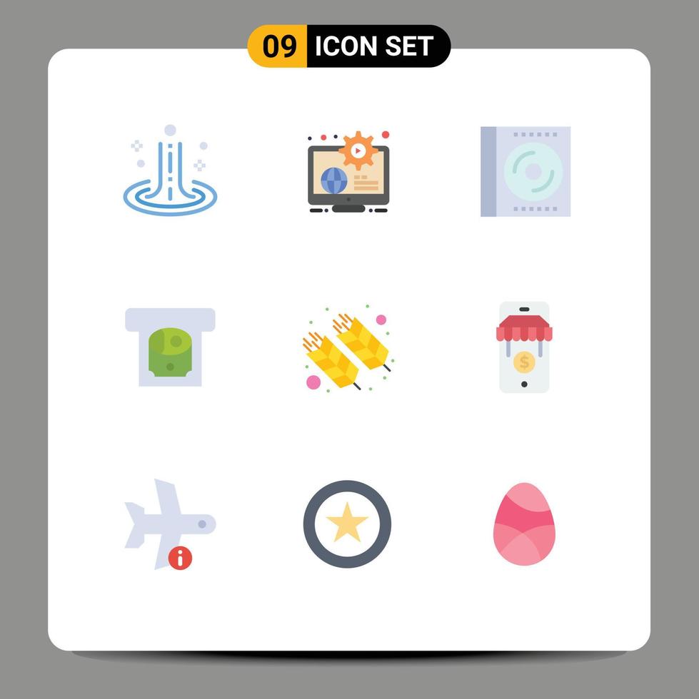 9 thematisch vector vlak kleuren en bewerkbare symbolen van voedsel contant geld leren Geldautomaat digitaal bewerkbare vector ontwerp elementen