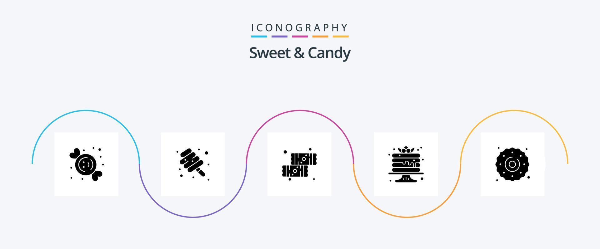 zoet en snoep glyph 5 icoon pak inclusief nagerecht. snoepgoed. chocola. pannenkoek. taart vector