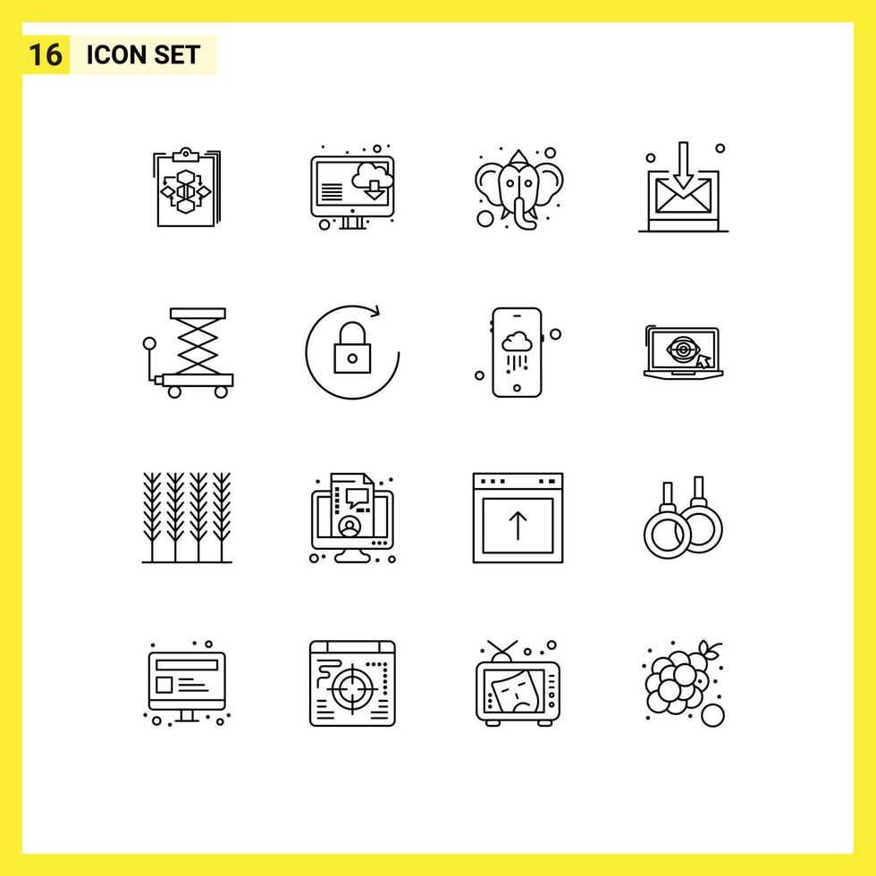 voorraad vector icoon pak van 16 lijn tekens en symbolen voor auto postvak IN computer bedrijf Hindoe bewerkbare vector ontwerp elementen