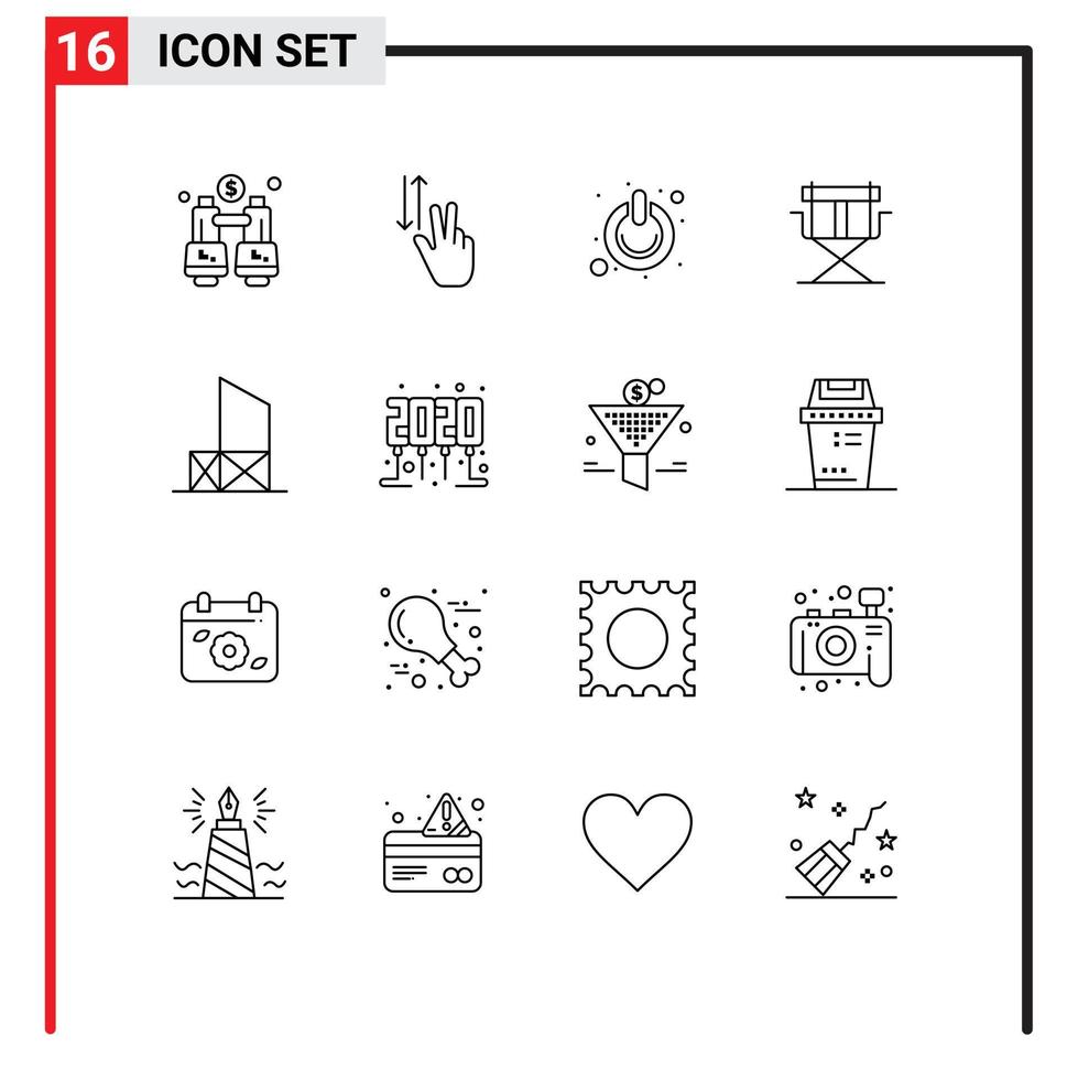 universeel icoon symbolen groep van 16 modern contouren van opvouwbaar regisseur naar beneden stoel macht bewerkbare vector ontwerp elementen