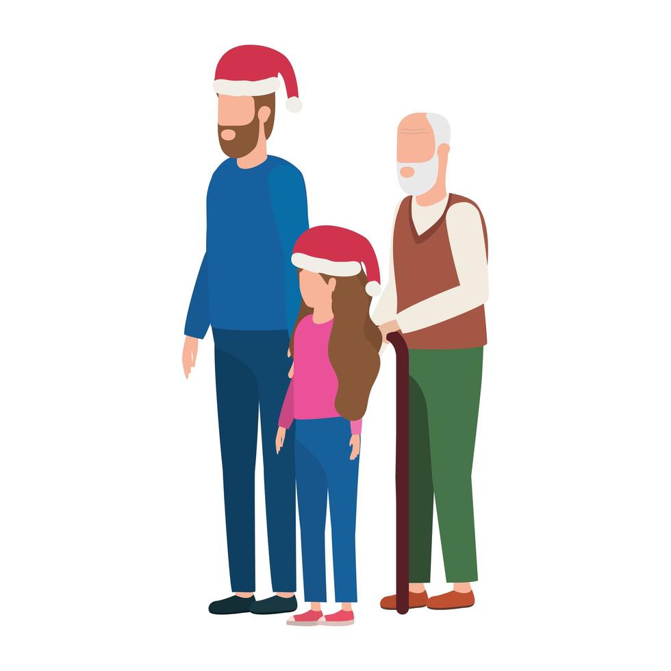 schattige grootvader met jonge zoon en kleindochter in kerstmuts vector