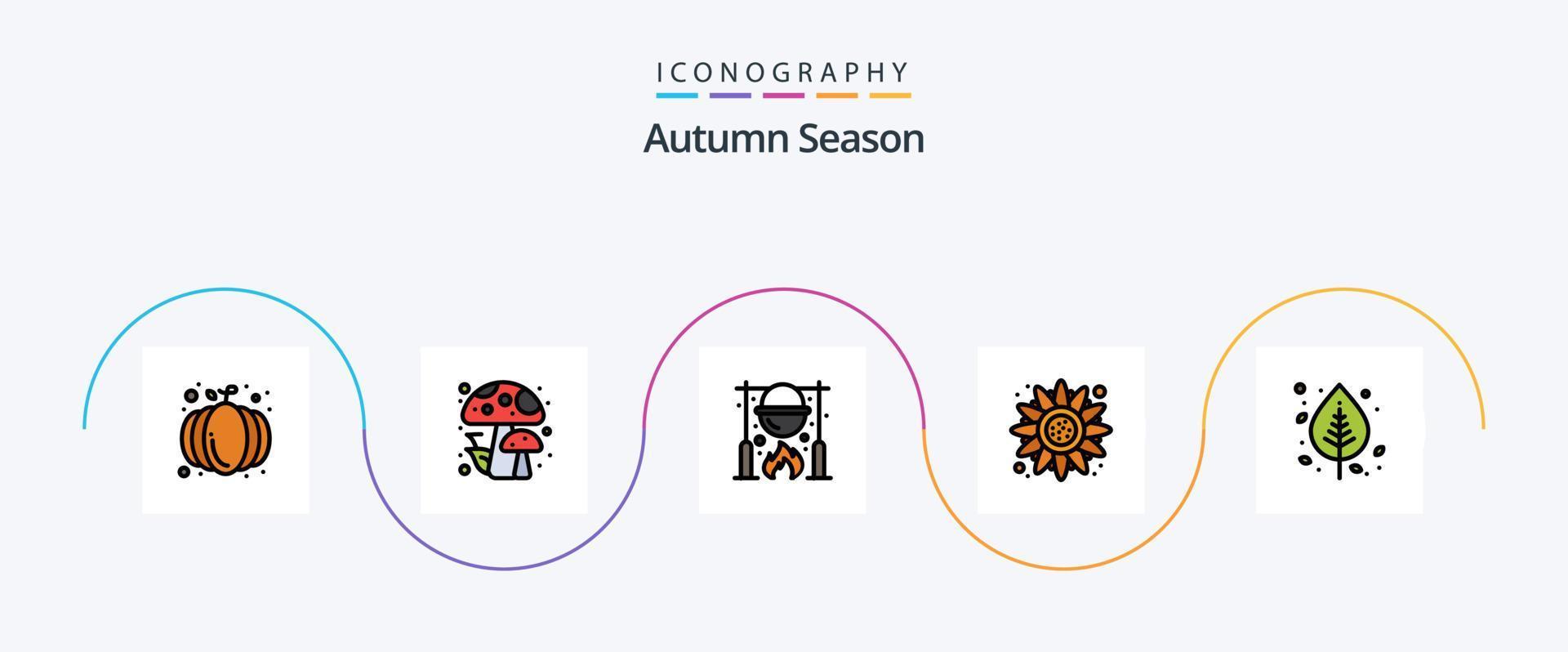 herfst lijn gevulde vlak 5 icoon pak inclusief berk. dankzegging. ketel. zonnebloem. herfst vector