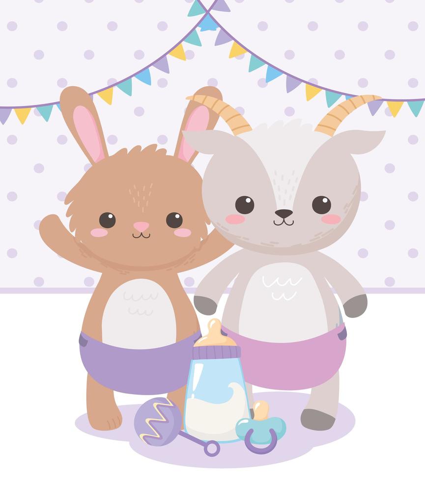 babydouche, schattige konijnengeit met fopspeenrammelaar en flesmelk, feest welkom pasgeboren vector