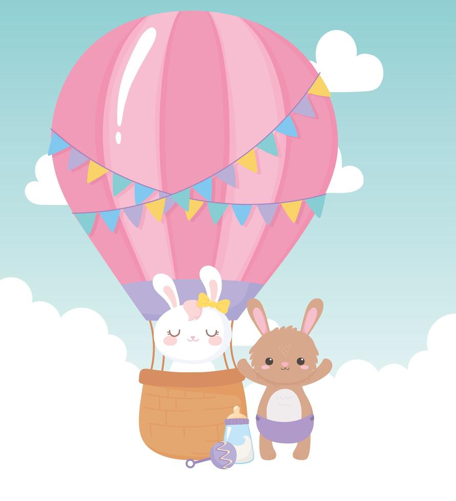 babydouche, schattige konijntjes in de luchtballon cartoon, feest welkom pasgeboren vector