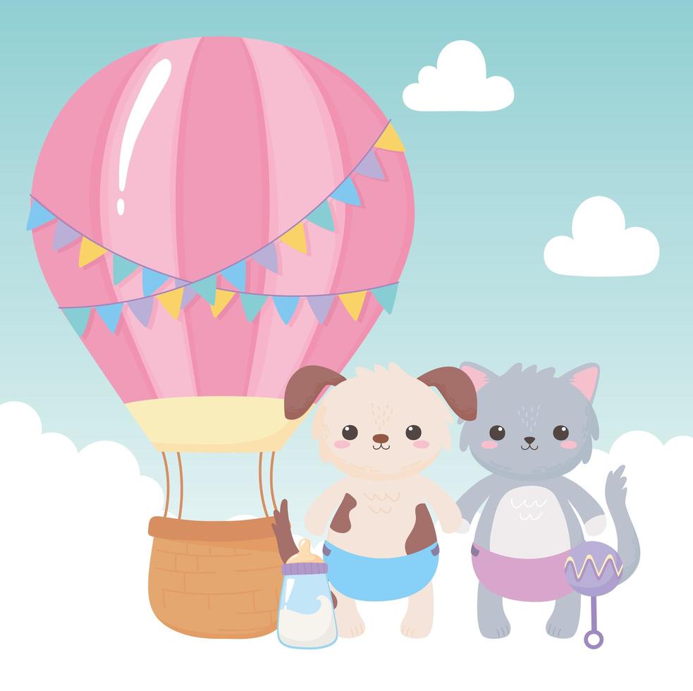 babydouche, schattige hond en kat met luierrammelaar en luchtballon, feest welkom pasgeboren vector